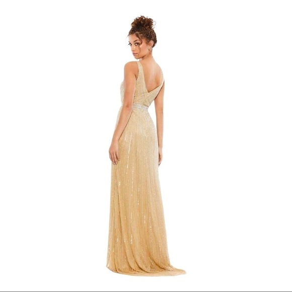 NEW MAC DUGGAL Gold Champagne Beaded Plunging Surplice Maxi Gown Size 12 - Picture 3 of 10